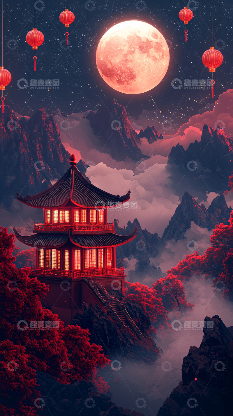 高清大图下载【趣麦麦图】红月下的中国古建筑