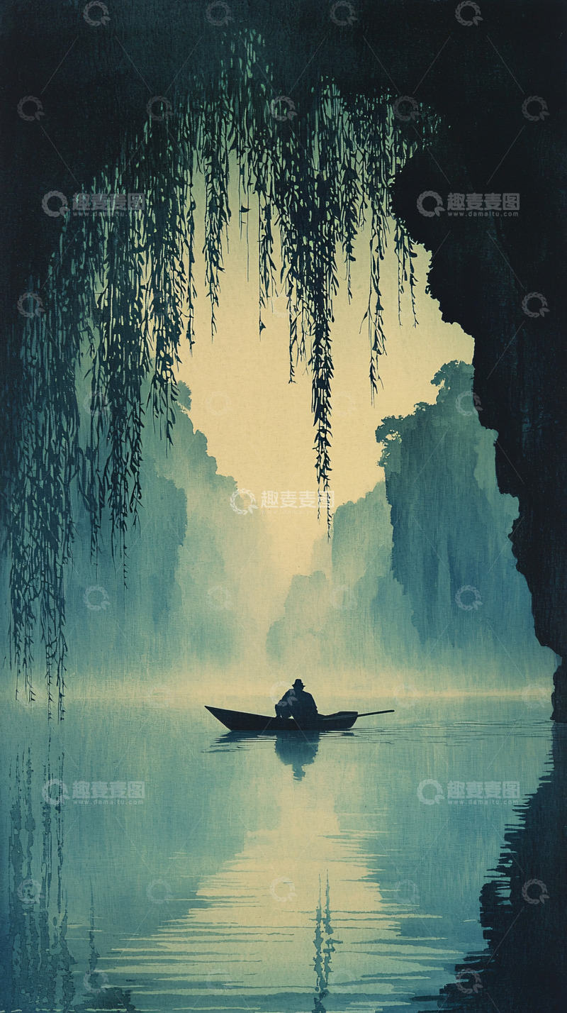 高清大图下载【趣麦麦图】山洞中泛舟垂柳