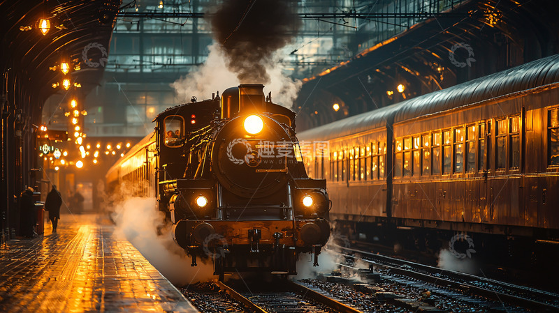 高清大图下载【趣麦麦图】蒸汽火车站台夜景
