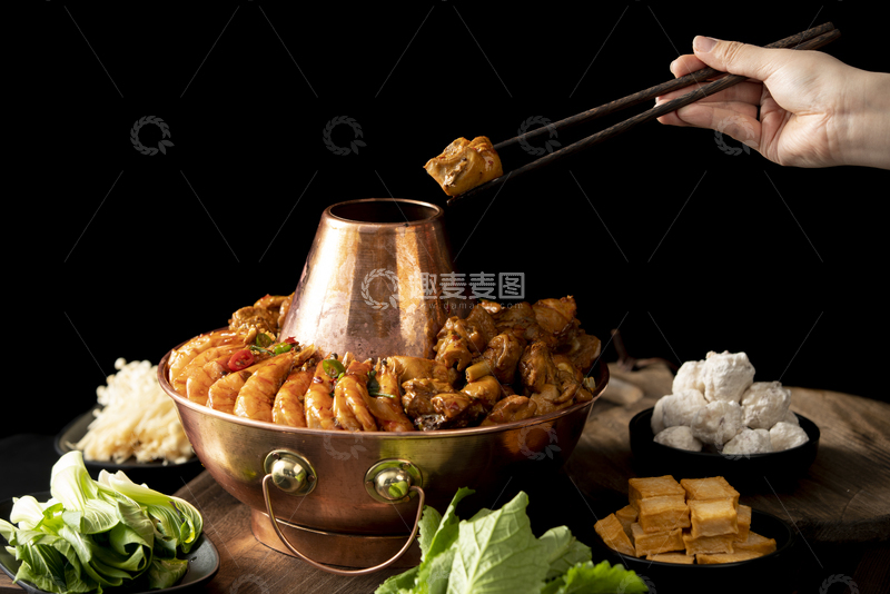 高清大图下载【趣麦麦图】大虾鸡铜火锅