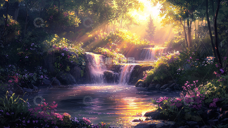高清大图下载【趣麦麦图】梦幻森林瀑布