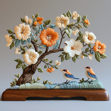 绣花鸟树装饰画