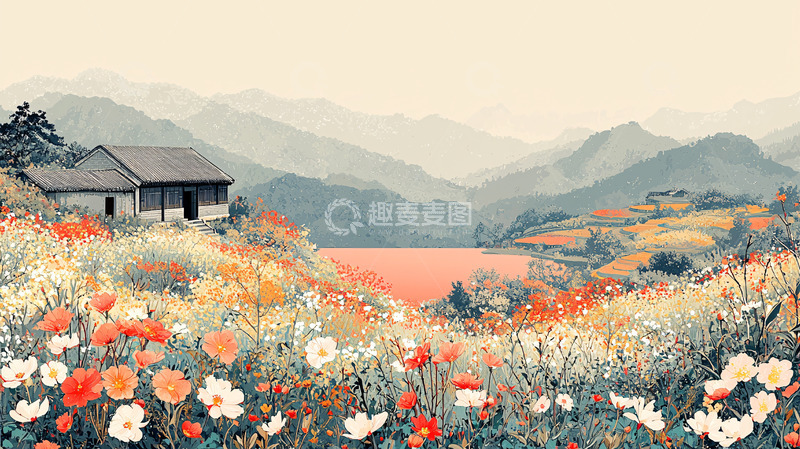 高清大图下载【趣麦麦图】山间小屋鲜花田园风景