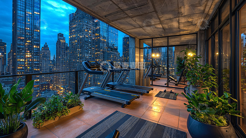 高清大图下载【趣麦麦图】夜景都市阳台健身房