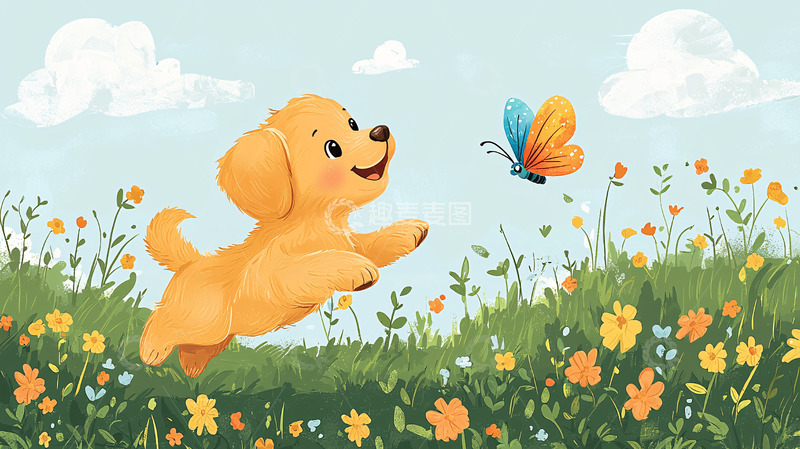 高清大图下载【趣麦麦图】金毛幼犬追逐蝴蝶