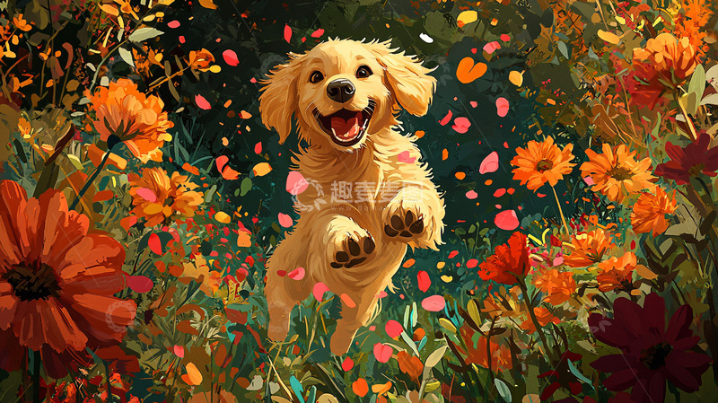 高清大图下载【趣麦麦图】金毛幼犬花丛中奔跑