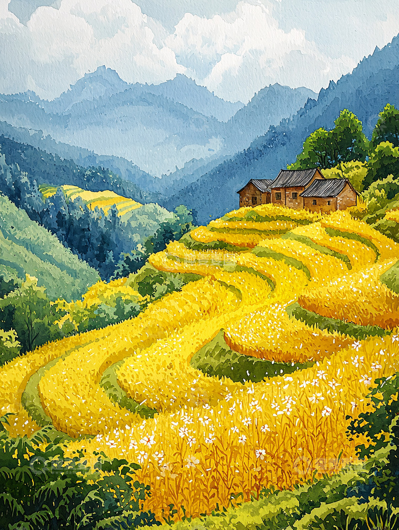 高清大图下载【趣麦麦图】金色梯田上的房屋