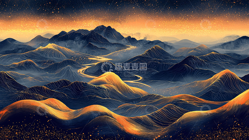 高清大图下载【趣麦麦图】金色山脉水流夜空星光