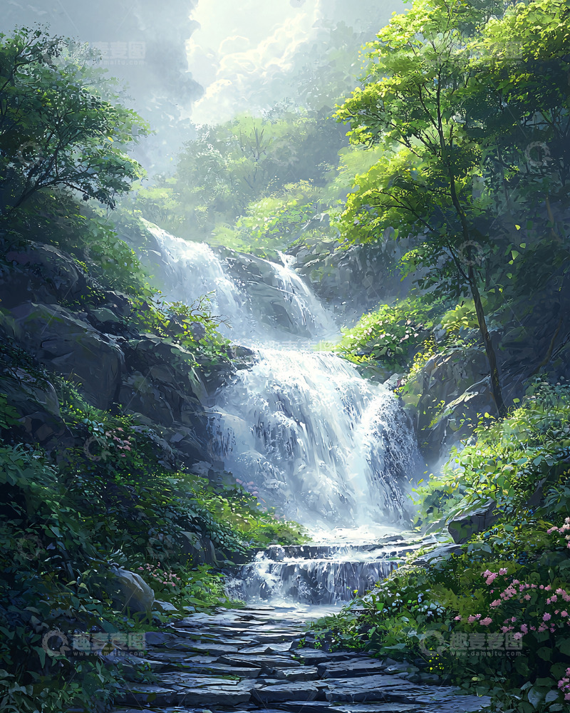 高清大图下载【趣麦麦图】翠绿山林间的瀑布美景