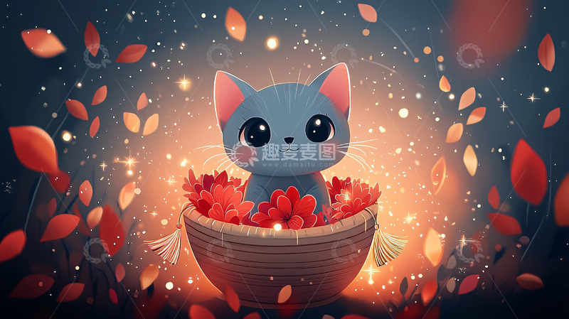 高清大图下载【趣麦麦图】可爱小猫秋叶篮子
