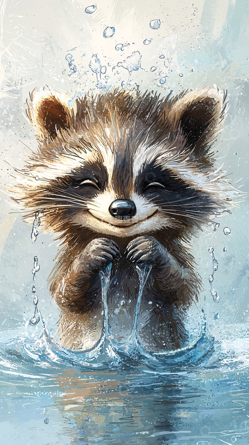 高清大图下载【趣麦麦图】快乐的浣熊在水中玩耍