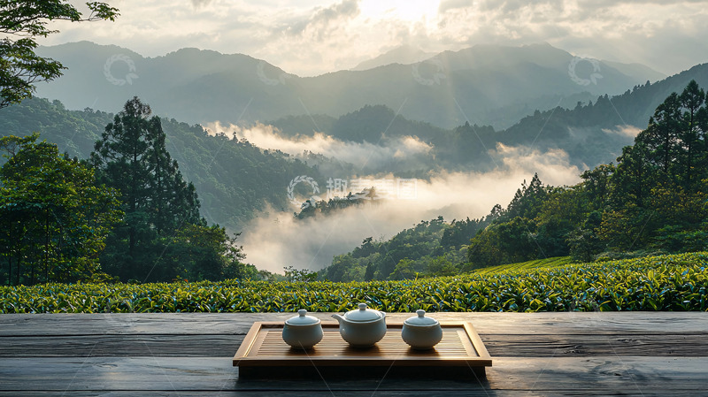 高清大图下载【趣麦麦图】山间云雾缭绕的茶园风光