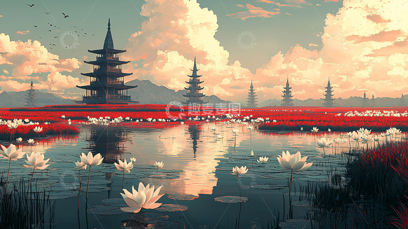 高清大图下载【趣麦麦图】红莲白莲倒影古塔