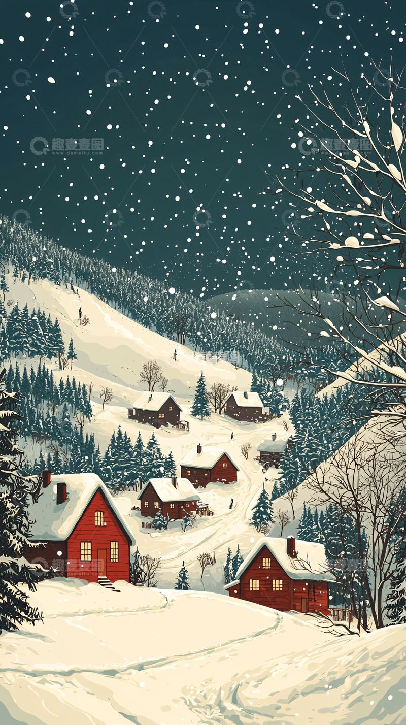 高清大图下载【趣麦麦图】雪夜山村
