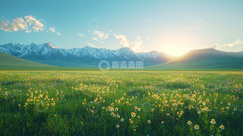 高清大图下载【趣麦麦图】阳光下的雪山草原