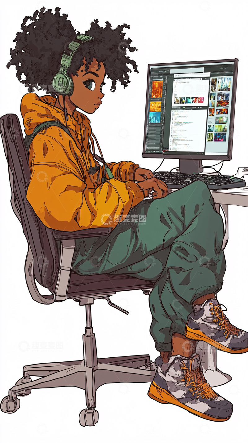 高清大图下载【趣麦麦图】黑人女孩电脑耳机