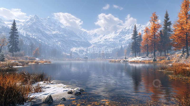 高清大图下载【趣麦麦图】雪山湖泊秋景