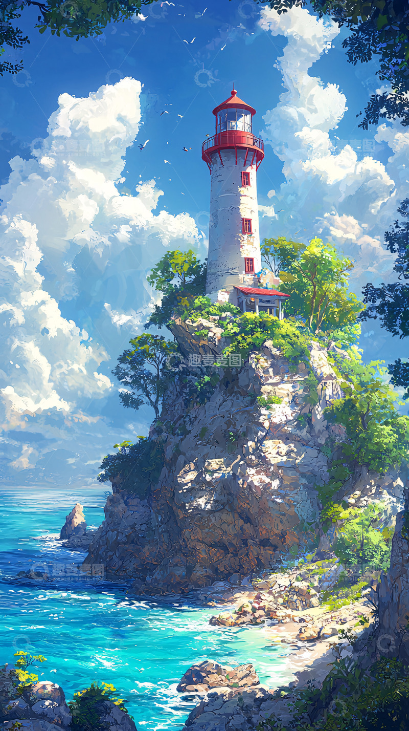 高清大图下载【趣麦麦图】海边悬崖上的白色灯塔
