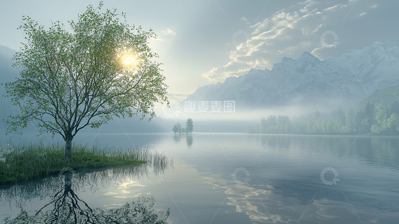 高清大图下载【趣麦麦图】湖边孤树