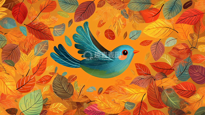 高清大图下载【趣麦麦图】秋叶围绕的蓝色小鸟