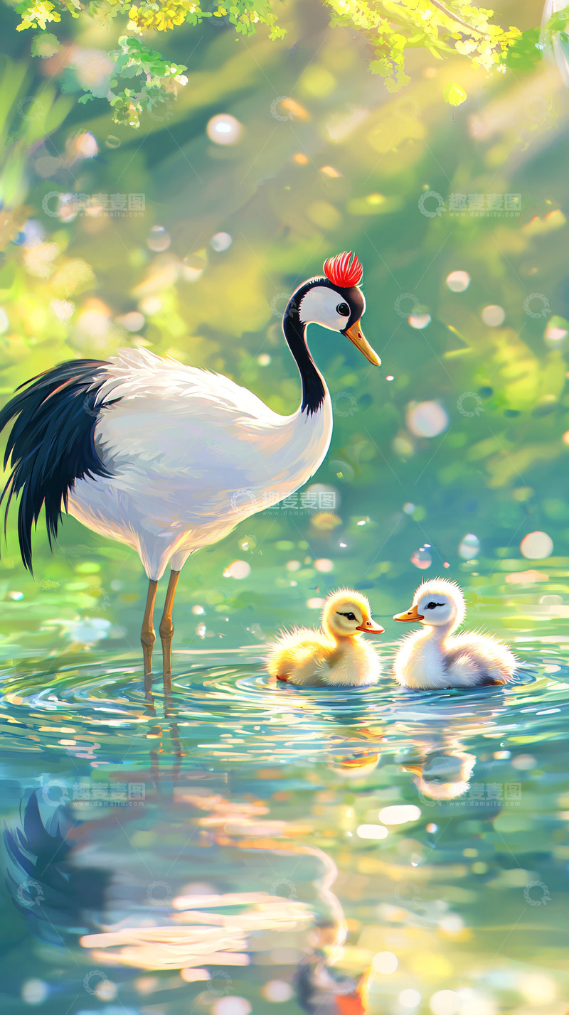 高清大图下载【趣麦麦图】仙鹤和两只小鸭在水中嬉戏