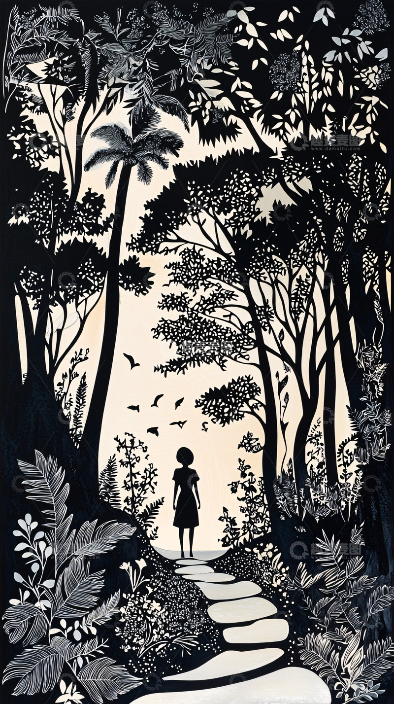 高清大图下载【趣麦麦图】剪纸风格森林女孩
