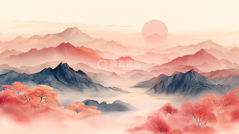 高清大图下载【趣麦麦图】水墨山水日出唯美意境