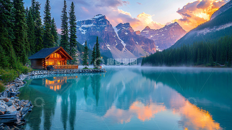 高清大图下载【趣麦麦图】湖边木屋日落雪山
