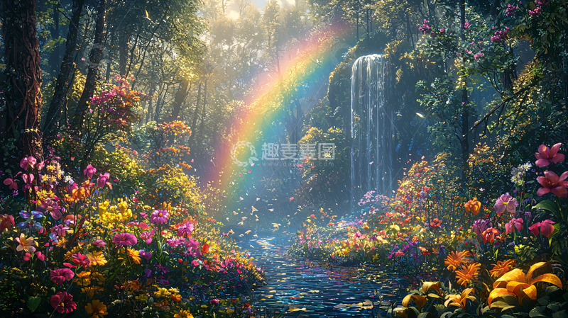 高清大图下载【趣麦麦图】彩虹瀑布森林仙境