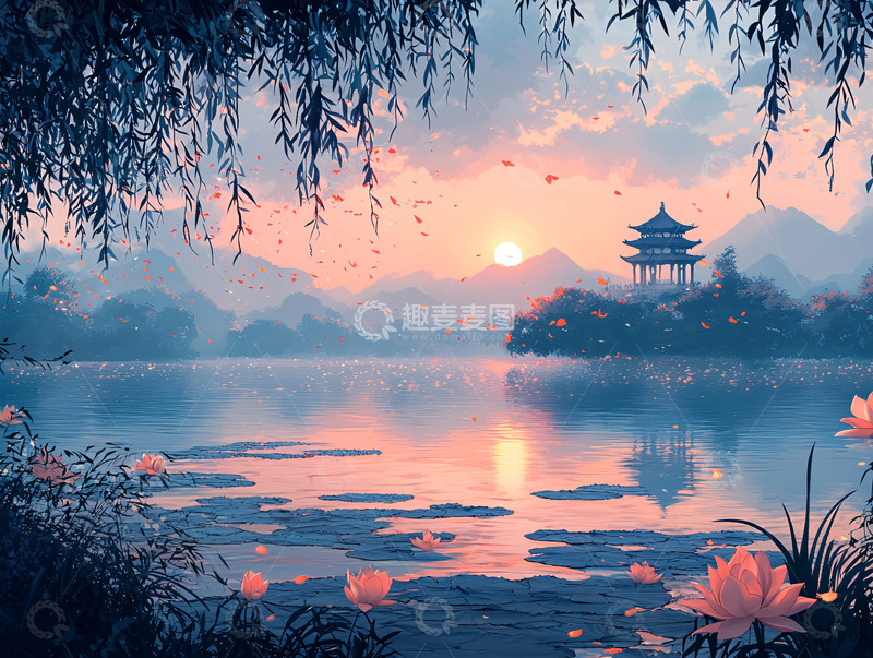 高清大图下载【趣麦麦图】唯美日落湖景