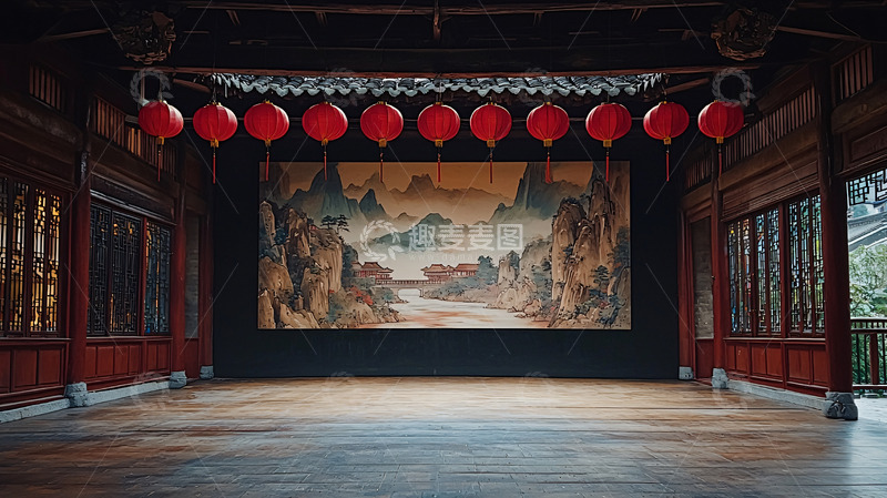 高清大图下载【趣麦麦图】古典建筑挂着红灯笼与山水画