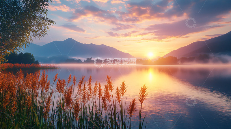 高清大图下载【趣麦麦图】清晨湖泊日出山峦
