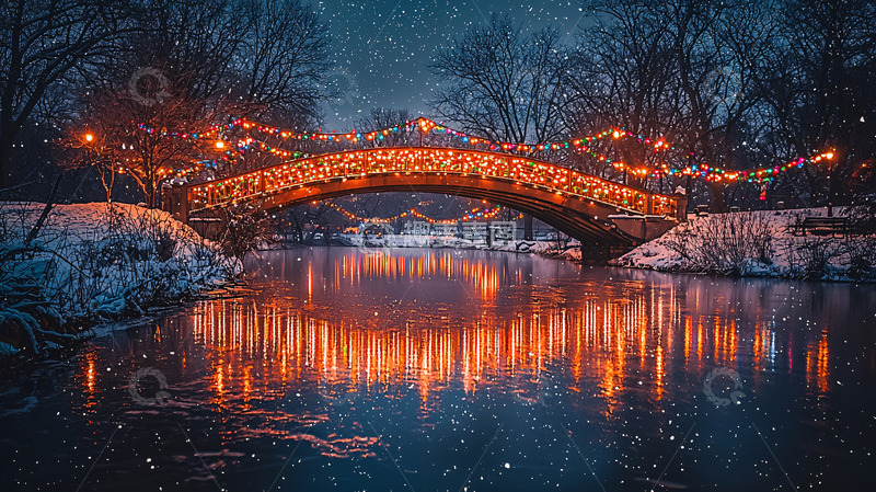 高清大图下载【趣麦麦图】雪夜灯光点缀的桥