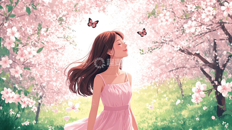 高清大图下载【趣麦麦图】春天樱花林中的少女背影卡通手绘插画1