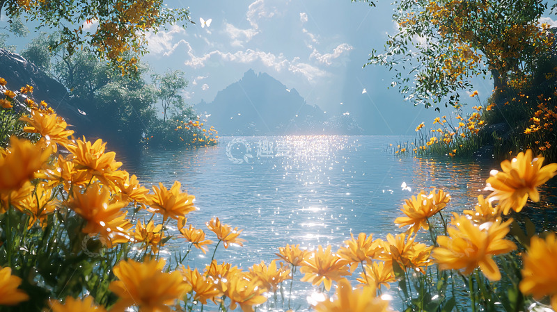 高清大图下载【趣麦麦图】阳光明媚湖边黄花