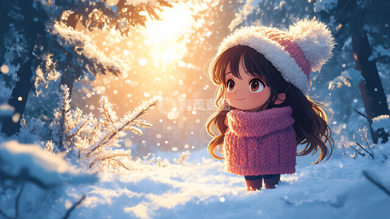 高清大图下载【趣麦麦图】冬天卡通少女手绘插画背景