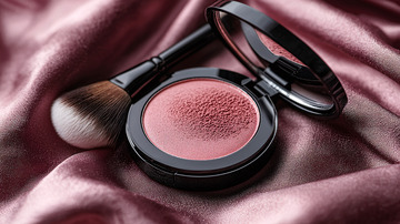 腮红和化妆刷放在丝绸上