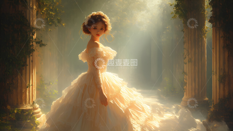 高清大图下载【趣麦麦图】晨曦中穿婚纱的女孩油画背景