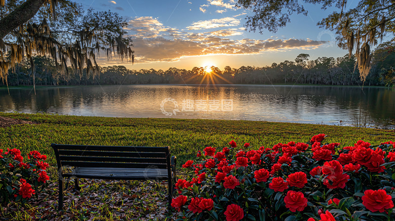 高清大图下载【趣麦麦图】湖边长椅日出