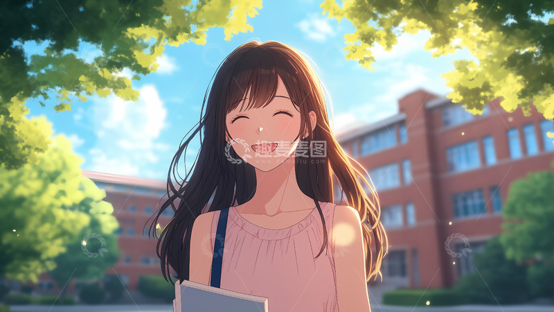 高清大图下载【趣麦麦图】夏天校园教学楼前的女孩卡通插画背景