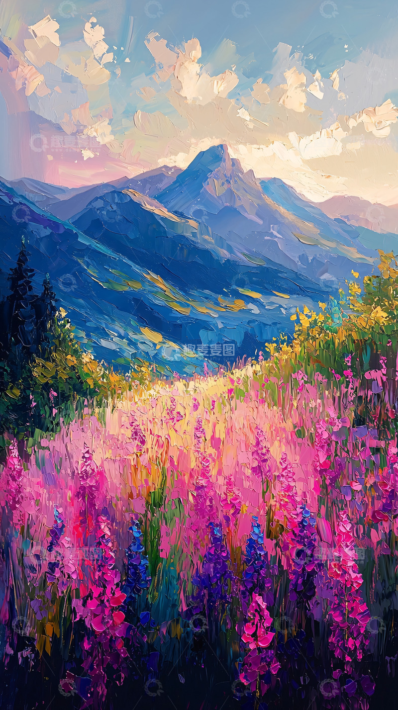 高清大图下载【趣麦麦图】山间花海日出景色