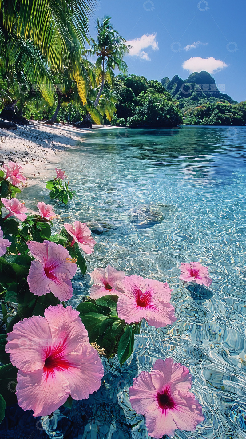 高清大图下载【趣麦麦图】热带海滩粉色扶桑花
