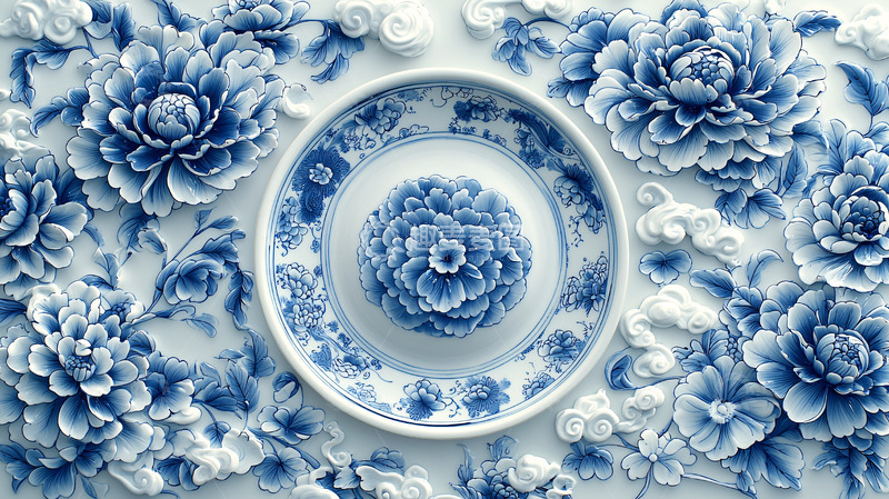 高清大图下载【趣麦麦图】青花瓷牡丹花纹盘子