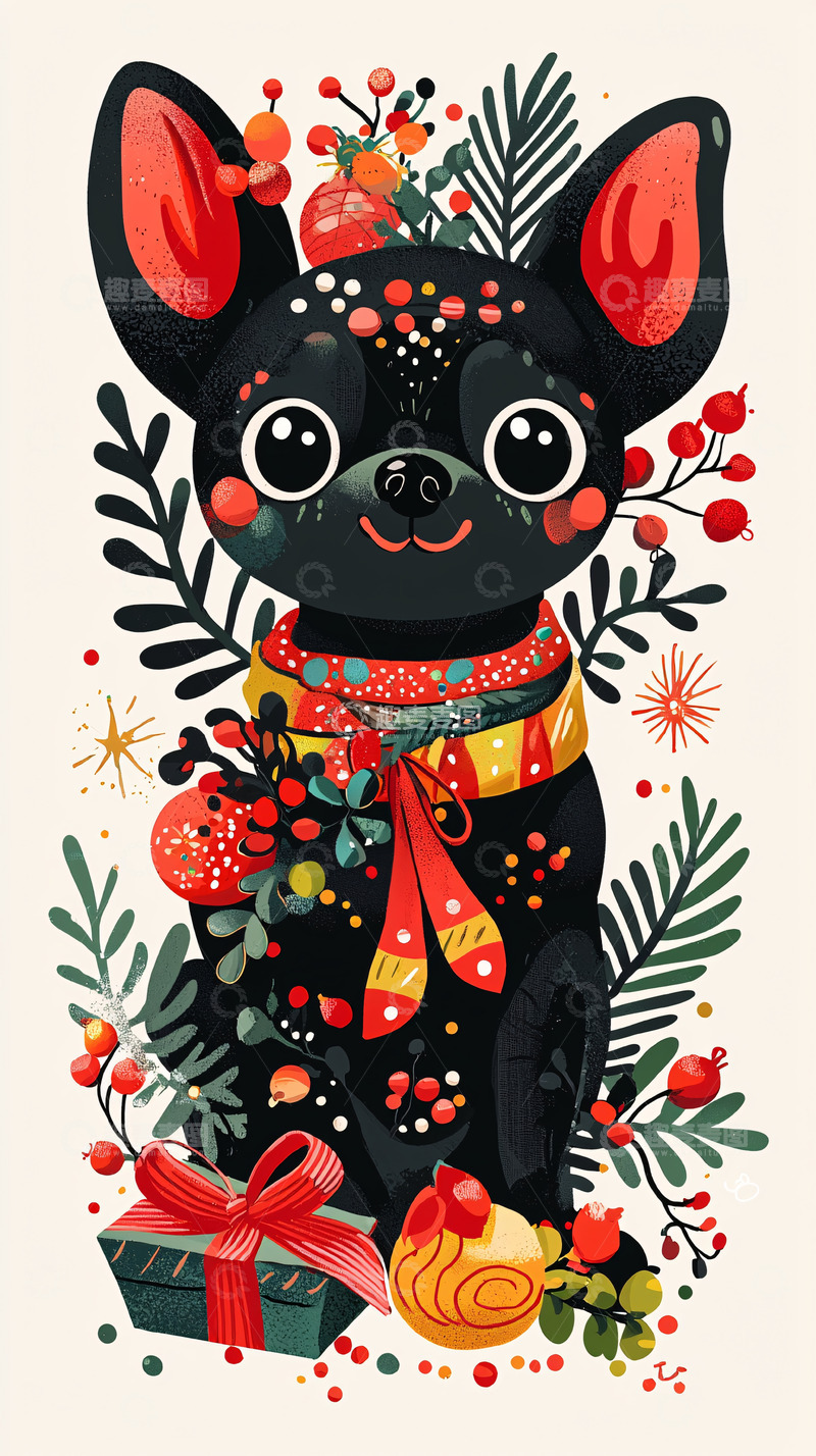 高清大图下载【趣麦麦图】圣诞节小黑狗