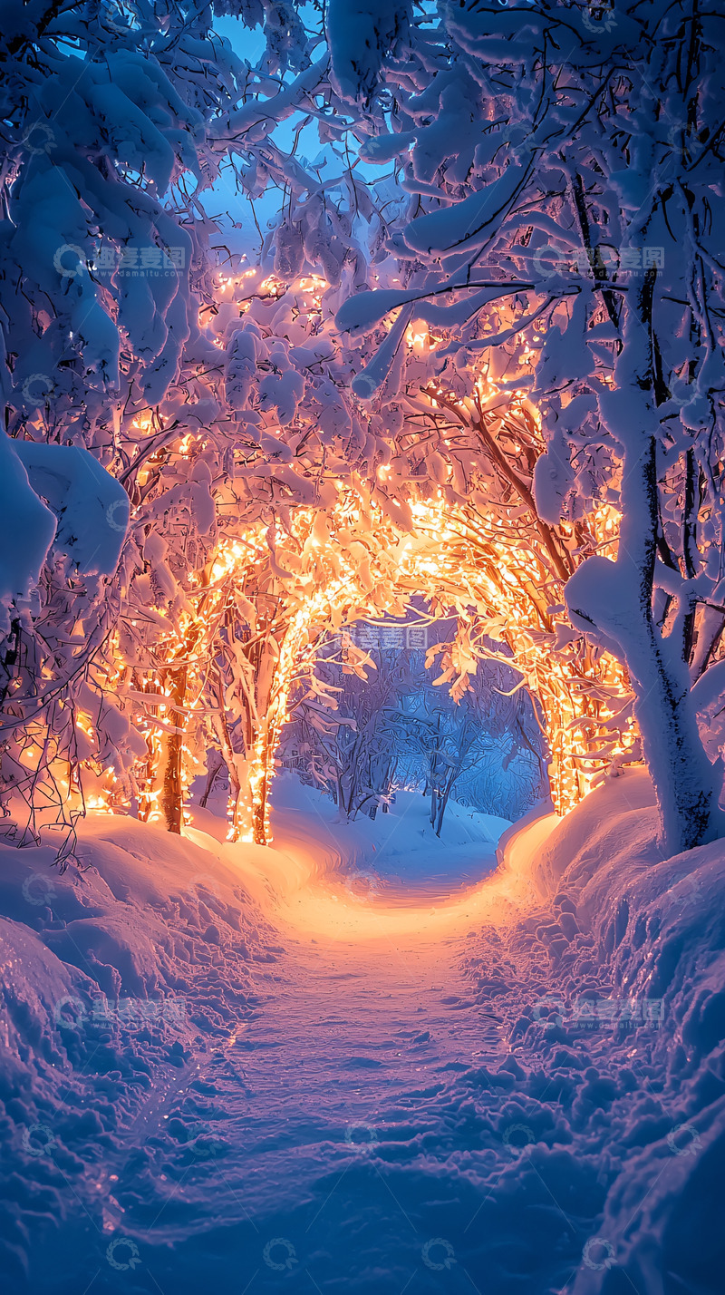 高清大图下载【趣麦麦图】雪地灯光小路