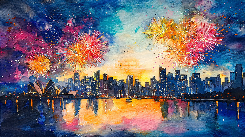 高清大图下载【趣麦麦图】水彩烟火城市夜景