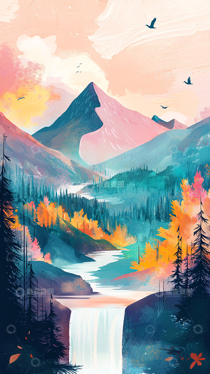 高清大图下载【趣麦麦图】梦幻彩色山川瀑布