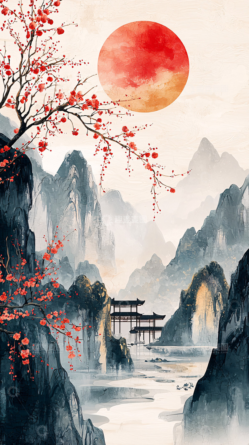 高清大图下载【趣麦麦图】水墨山水红日红梅意境图