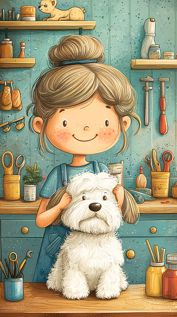 卡通女孩给狗狗做美容