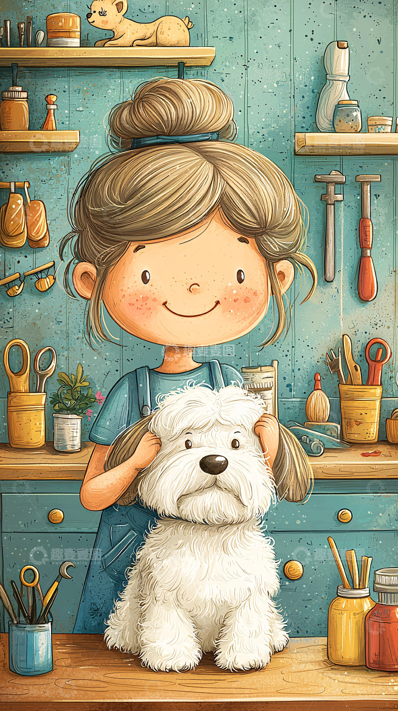 高清大图下载【趣麦麦图】卡通女孩给狗狗做美容